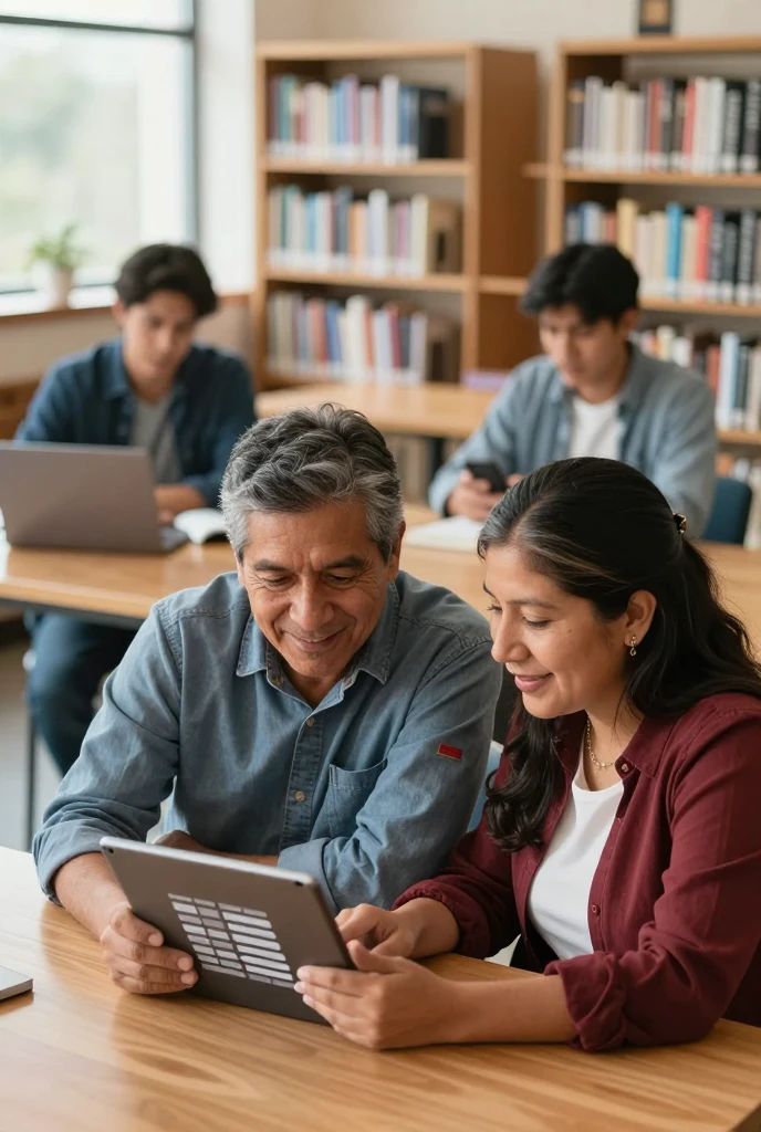 Docentes bolivianos estudiando juntos en una biblioteca con la plataforma Aprobar